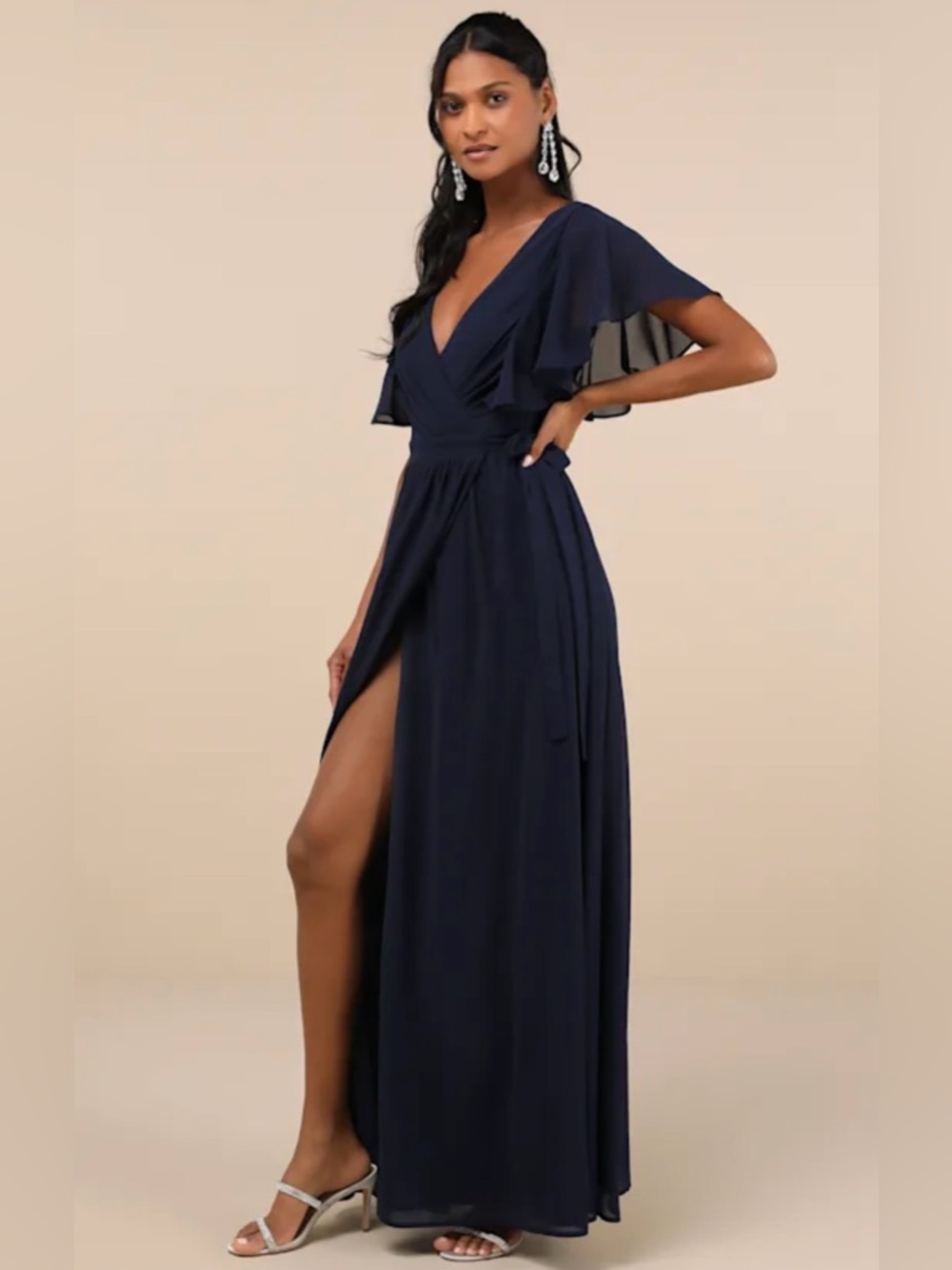 Lulus Convincing Grace Navy Blue Flutter Sleeve Wrap Maxi Dress L NWT